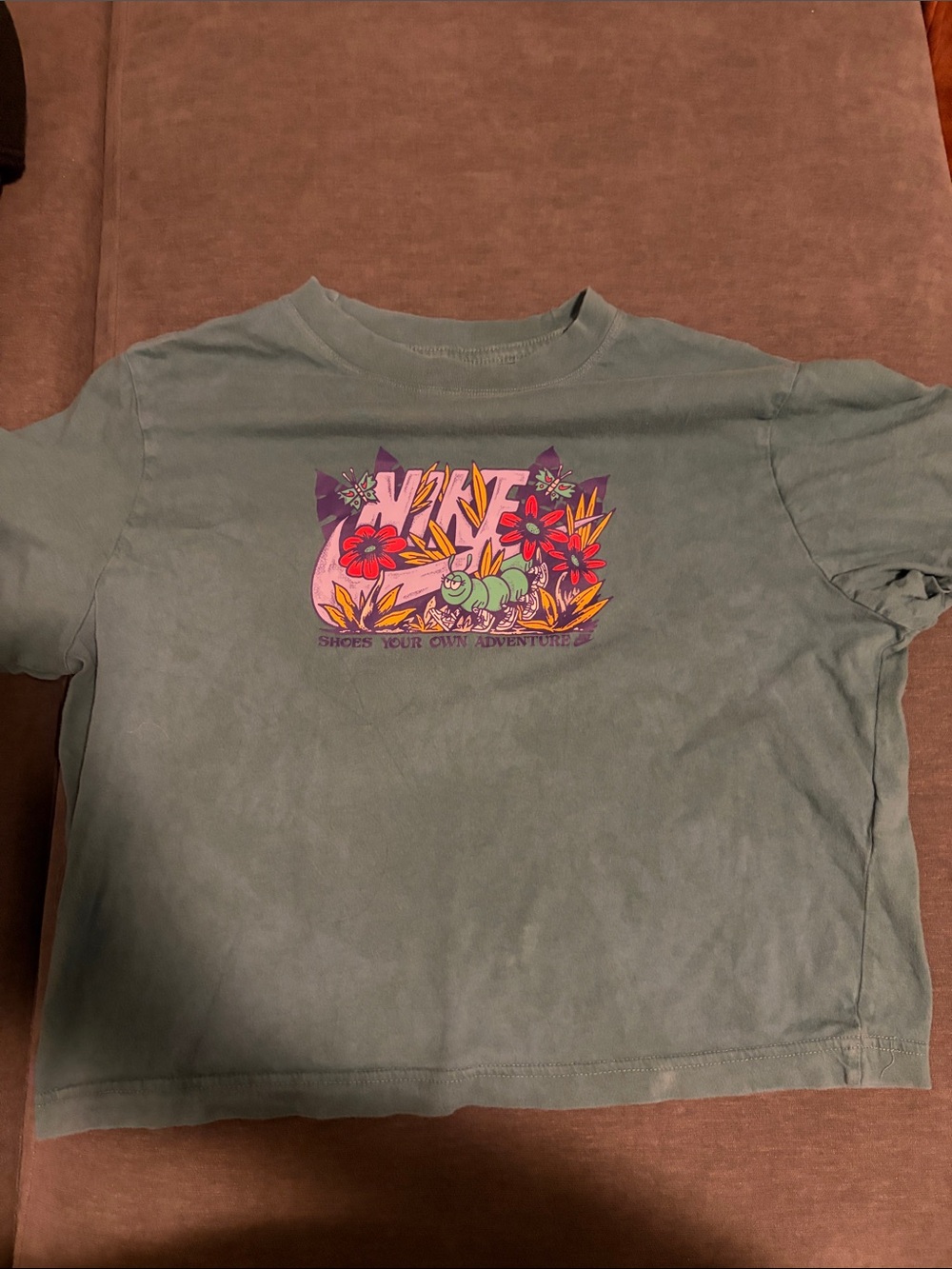 Nike Sage Green Kids Graphic Tee with Pink, Red, Purple and Yellow Accents